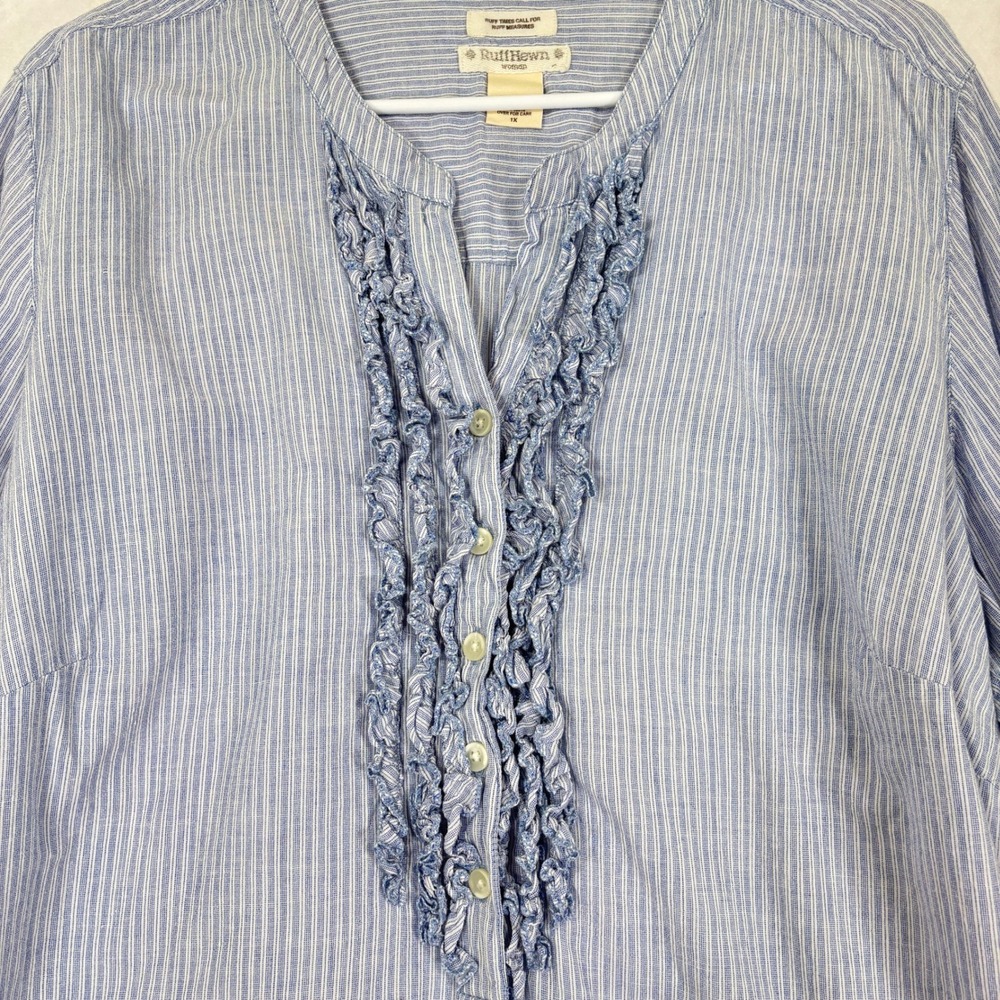 Ruff Hewn Woman Henley Blouse 1X Striped Ruffle Front Coastal Casual - Picture 2 of 9